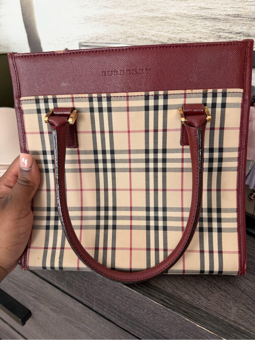 Burberry Beige Check Tote with Burgundy Trim